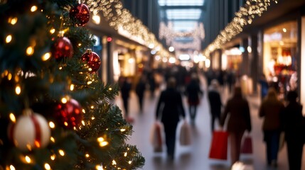 Obraz premium Shoppers carry bags filled with gifts in a lively mall adorned with holiday lights and a large Christmas tree