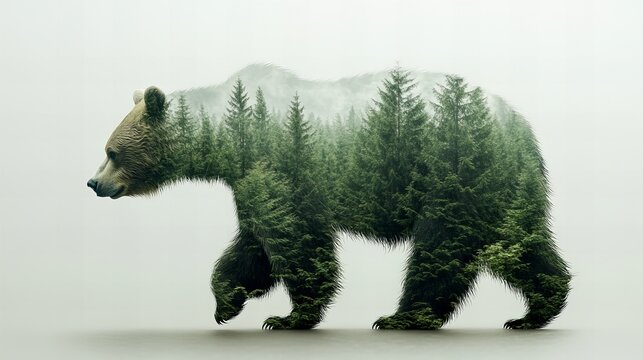 Double exposure of bear silhouette with lush evergreen forest World wildlife day