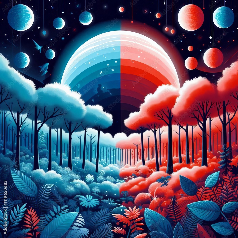 Poster chromatic forest world a forested planet with a unique ecosystem