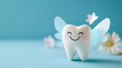 Smiling tooth with wings: whimsical dental care concept on blue background dentist day