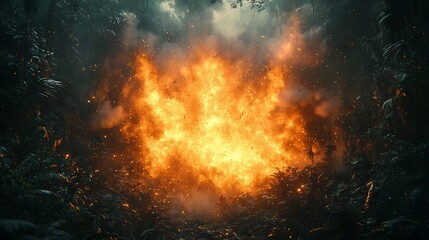 Fiery Explosion Rupturing Lush Jungle Landscape with Fleeing Wildlife