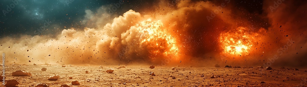 Aufkleber powerful explosion on the martian surface scattering red dust and rocks into the atmosphere creating