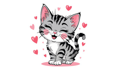 Smiling Gray Tabby Kitten Surrounded by Pink Hearts
