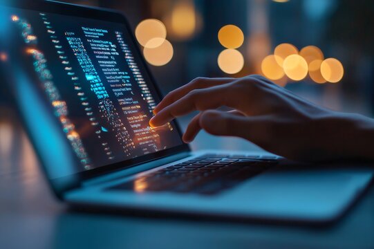 Software developer is working late, browsing code on a laptop screen in a dark environment illuminated by city lights