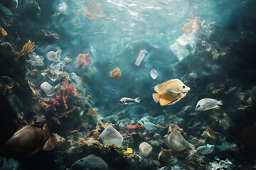 Obraz premium Tropical fish swim gracefully in polluted coral reefs, navigating through plastic waste in their damaged habitat, urging urgent ocean conservation
