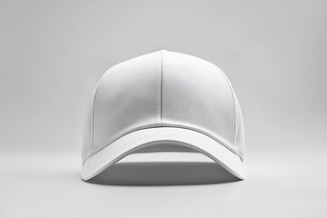Simple white baseball cap front view, clean minimalist design, isolated on white background, ideal for apparel branding