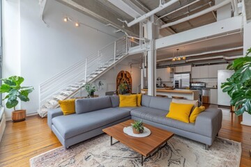 Modern minimalist living room grey L shaped sectional sofa