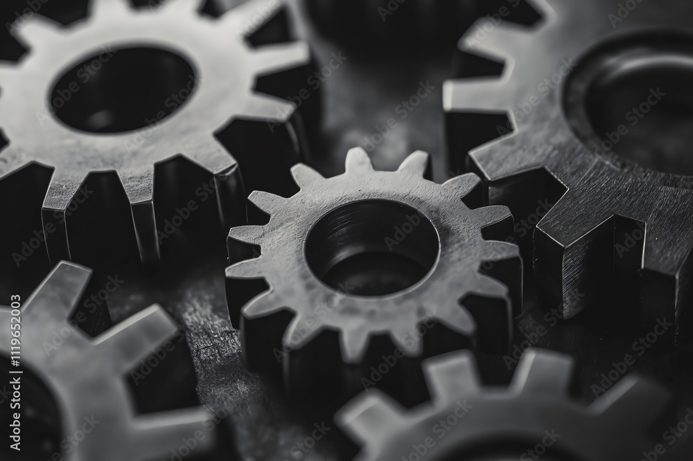 Poster metallic gears connecting with each other, working together in a close up image that represents team