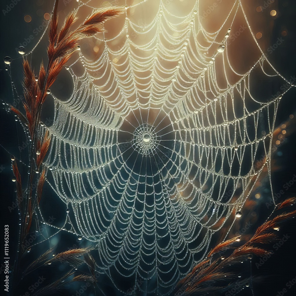 Poster close up of a dew covered spiderweb highlight the intricate and