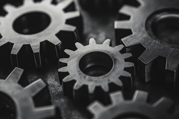 Metallic gears connecting with each other, working together in a close up image that represents teamwork