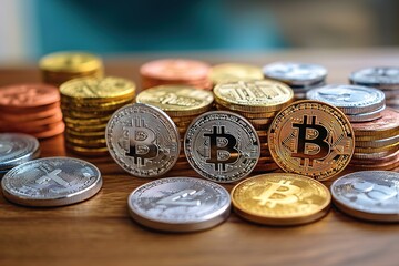 Stacked cryptocurrency coins on wooden surface, focus on Bitcoin.