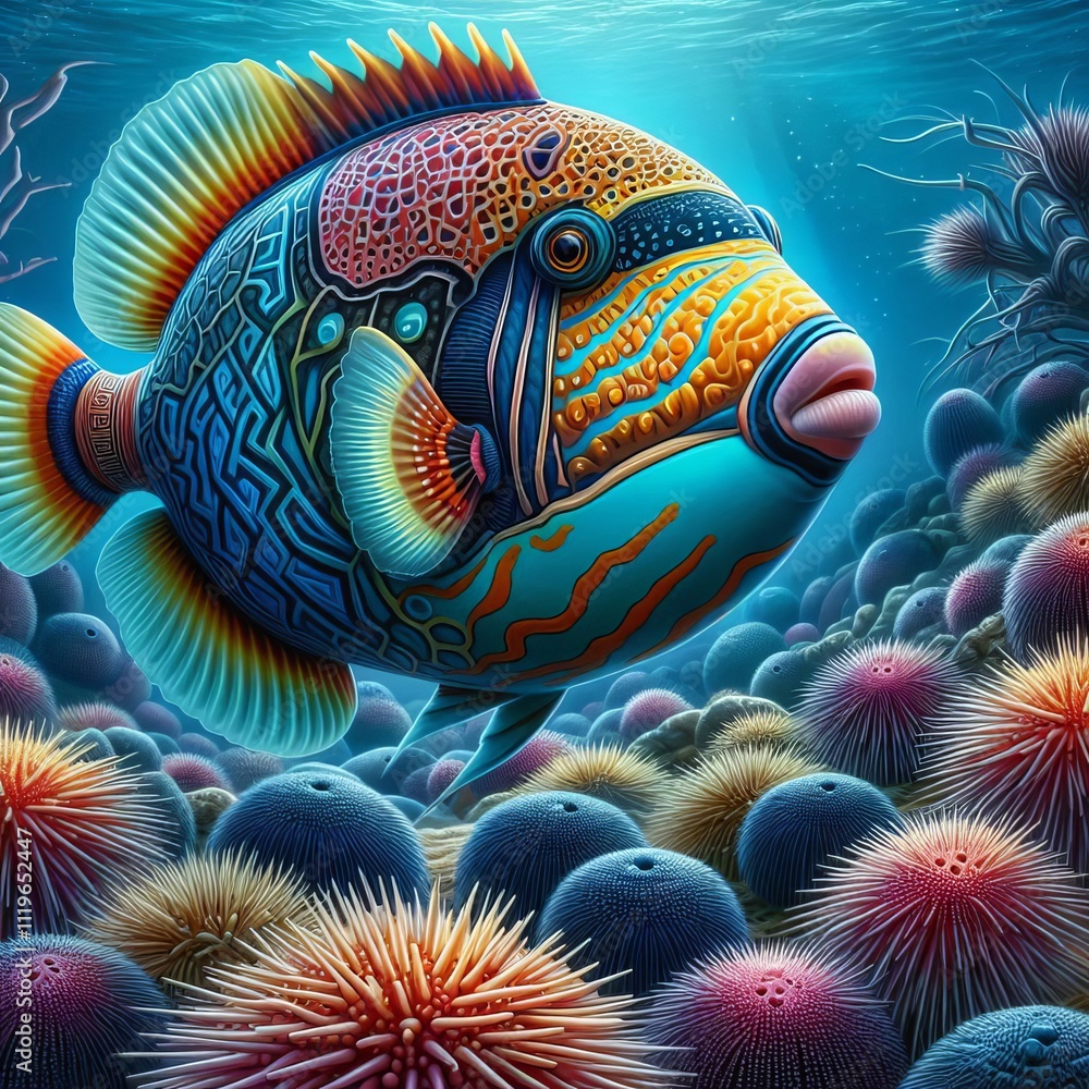 Poster clown triggerfish a colorful triggerfish with intricate patterns