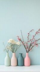 Beautifully arranged vases filled with colorful fresh flowers on a minimalistic shelf