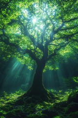 Obraz premium Mystical forest scene with sunlight filtering through the branches of a sprawling tree Wideangle shot capturing the lush foliage and creating an ethereal atmosphere