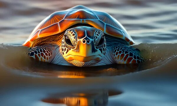 A close-up of a vibrant sea turtle emerging from the water, showcasing its intricate shell patterns.