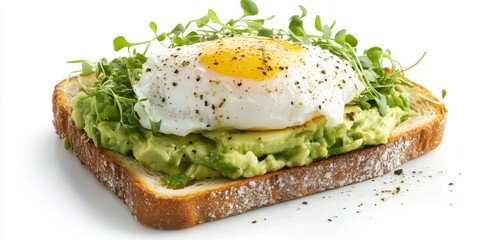 A slice of toasted bread topped with avocado, a poached egg, and microgreens.