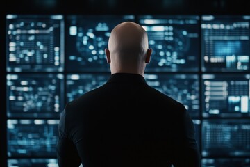 Fototapeta premium Business professional analyzes data in a modern office setting at night