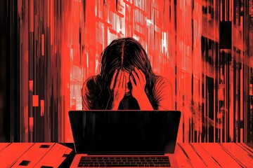 Cyberbullying Illustration Person in Distress Facing Online Harassment in Abstract Red Background
