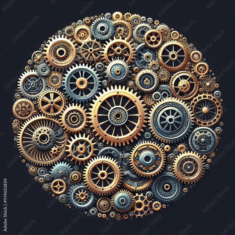 Poster cogs and gears interlocking cogs and gear shapes arranged in a c