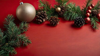 Christmas Border concept on the red background. Top view with copy space for your text.