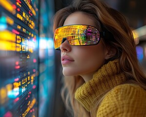 Businesswoman Using Glasses to Plan Global Business Travel Routes at Airport