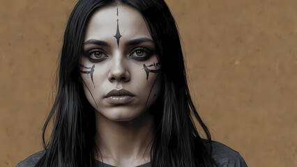 Dark portrait of a woman with tribal face paint against a neutral backdrop capturing intense emotion and depth