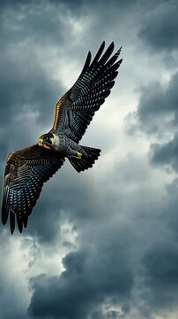 Peregrine falcon soaring through storm clouds