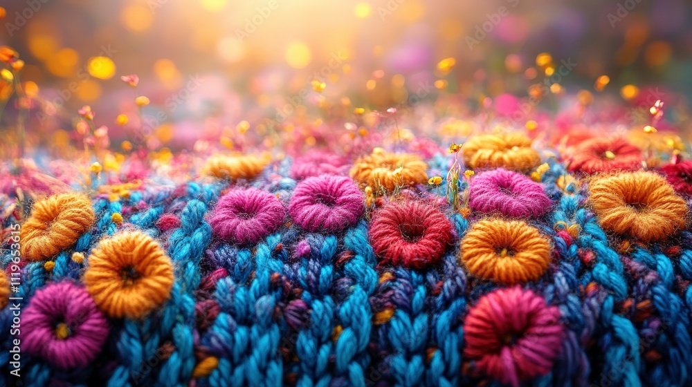 Poster vivid colorful textiles featuring bright floral patterns with intricate stitching in warm lighting c
