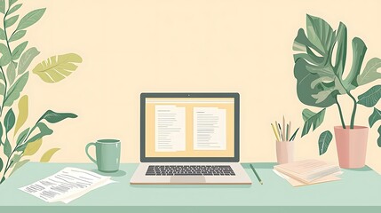 A laptop is on a desk with a potted plant and a cup