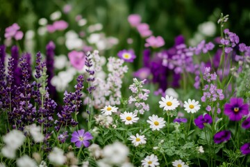 Fototapeta premium Colorful flower garden with various blooms in soft natural light