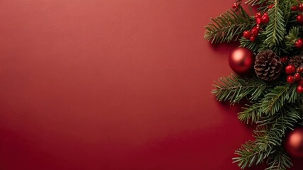 Christmas Border concept on the red background. Top view with copy space for your text.