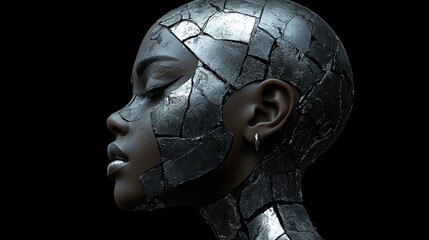 Abstract representation of a humanoid figure with metallic texture and fragmented surface, emphasizing themes of technology and identity in a futuristic setting