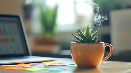 A laptop is on a table with a plant in a cup next to it