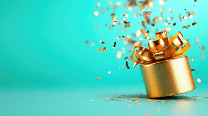Fototapeta premium confetti and a gold gift box on teal background 