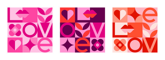 Abstract geometric posters for Valentines day with hearts and love word. Valentines day backgrounds in modern minimal style. Social media banners in love and romance concept, vector illustrations
