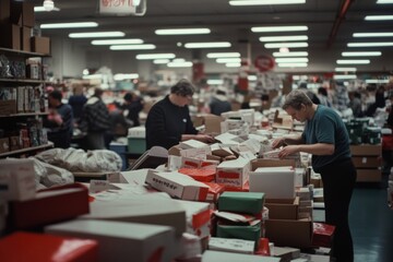 A bustling warehouse with workers organizing goods amid stacks of boxes, illustrating the energetic chaos of retail preparation.