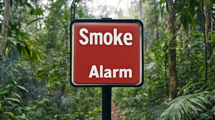 fire alarm concept. Sign indicating a smoke alarm in a lush forest environment.