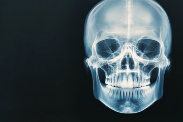 Detailed X ray of a human skull showcasing bone structure and dental formation
