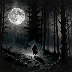 Mysterious figure walks through a dark forest illuminated by a full moon at night