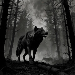 Dark forest setting with wolves roaming under a cloudy sky at dusk