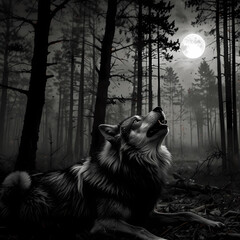 Howling wolf under a full moon in a dark forest at night