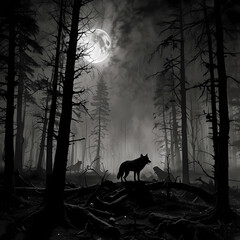 Mysterious wolf stands on a log beneath a full moon in a dark forest at night