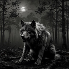 Majestic wolf resting under a full moon in a dark, mysterious forest at night