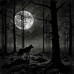 Wolf silhouette stands tall under a full moon in a dark forest at night