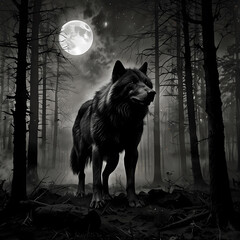 Majestic wolf stands under a full moon in a dark forest surrounded by trees at night