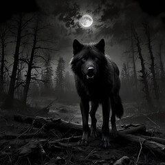 Dark wolf stands eerily under a full moon in a haunting forest setting at night