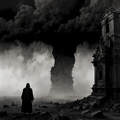 Dark clouds swirl above a figure before a crumbling structure in an apocalyptic landscape