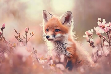 Obraz premium A cute baby fox accompanied by spring flowers.