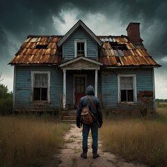 Abandoned blue house with a rusty roof surrounded by overgrown grass under a dramatic sky