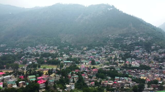 Aerial view of kullu town and himalayan mountain at kullu valley in himachal pradesh India.